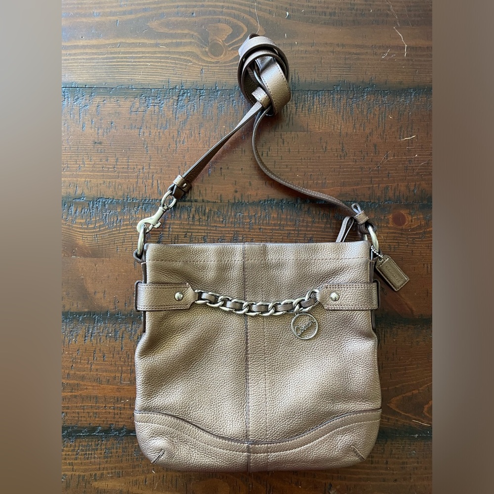 Vintage Coach pebble leather semi metallic camel bronze crossbody purse bag ~
